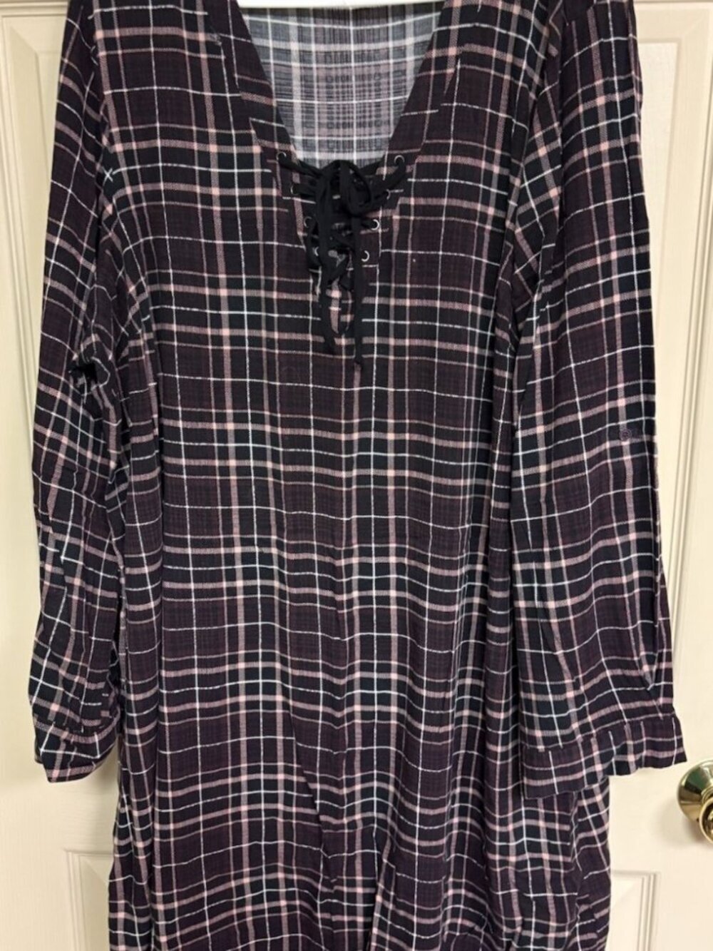 Torrid Dress Womens Sz 3 Dark Plaid Lace Up Soft Knit Boho Indie Grunge Long Slv